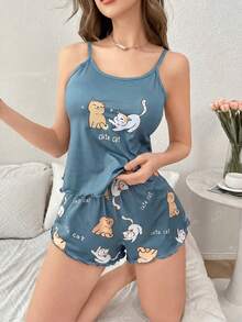 SHEIN Cute Cat Print Frill Trim Camisole & Shorts Pajama Set - Multicolor - View 3
