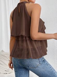 Firerie Áo hai dây xếp tầng nhiều lớp bằng chiffon màu trơn dành cho nữ, thích hợp cho kỳ nghỉ hè ở bãi biển. - Cà phê nâu - Xem 8