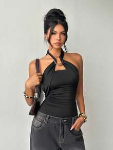 Aloruh Bộ đồ liền thân cổ yếm gợi cảm và thanh lịch dành cho nữ, với các chi tiết kim loại nối liền. - màu đen - Xem 7