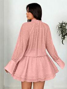 Vionelle Đầm dài tay thanh lịch cổ buộc dây in chấm bi cỡ lớn - Hồng - Xem 5