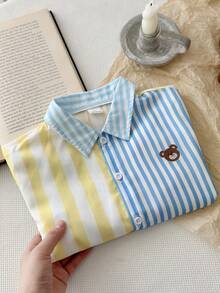 SHEIN 1 chiếc áo sơ mi dài tay cổ bẻ phối màu kẻ sọc có túi dành cho trẻ em/bé trai, thích hợp mặc hàng ngày, đi chơi, hoạt động ngoài trời, lễ hội, kỳ nghỉ hè ở bãi biển, mùa xuân/hè. - Nhiều màu - Xem 3