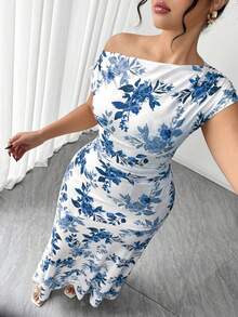 Elenzga 情人节花卉图案不对称腰身美人鱼裙摆优雅大码女装 - 藍色 - 查看 6