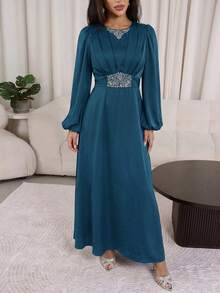 Veilorie Nuevo vestido de cóctel elegante y de lujo con cintura fruncida y adornos de strass, elegante para fiestas - Agua verde azul - Ver 7