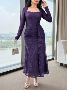 Feyla New Lace Waist Ruffle Floral Cinched Waist Elegant High-End Party Dress - Purple - View 2