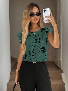 Easowa Spring Silhouette Flower Print Ruffle Hem Round Neck Women Blouse Cap Sleeve Tops For Summer Casual Top Floral - Mint Blue - View 5