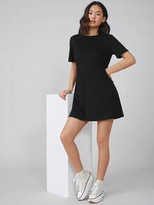 SHEIN BASICS 大码休闲纯色短袖连衣裙，夏季 - 黑色 - 查看 7