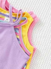 SHEIN Elladie kids 4件套夏季新款少女彩色多巴胺上衣套装，针织面料浅粉色无袖圆领上衣+黄色不对称镂空肩上衣+紫色交叉上衣+条纹上衣，可爱休闲时尚，适合小女孩 - 彩色 - 查看 4