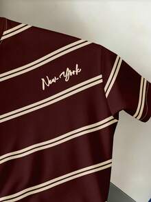 Manfinity Joysei Men's Letter & Stripe Print Round Neck Short Sleeve Casual T-Shirt - Brown - View 3