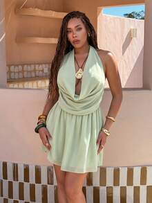 Rustia Vestido curto de chiffon com laço no pescoço, perfeito para férias na praia. - Verde - Ver 6