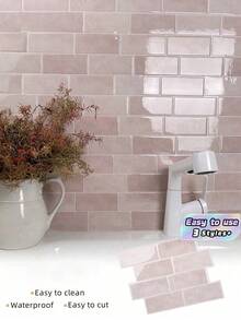 WoStick 防水砖纹墙板 DIY 瓷砖，可移除自粘墙砖贴纸，适用于厨房防溅板、浴室、节日装饰、壁纸、墙贴、房间装饰、墙面装饰、即撕即贴浴室装饰 - 薔薇粉 - 查看 2