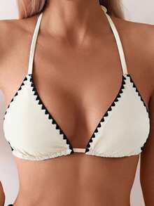 Swim Basics Women's Summer Contrast Color Trim Triangle Cup Halter & Contrast Color Trim Triangle Bottoms Swimwear Set - Beige - View 5