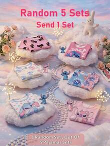 SHEIN [Random 5 Sets, Send 1 Set]! Surprise Box !!!! 30% Chance Of Getting 2 Set!! Snug Fit Tween Girls Cute Print Knit Pajama Set, Comfortable Casual Loungewear For Daily Wear Summer Outfits - Pink - View 6