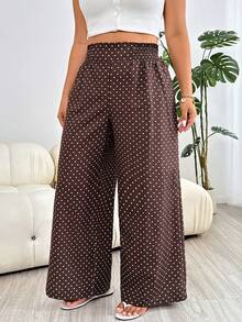 SHEIN EZwear Plus Size Women's Brown Polka Dot Print Elastic Waist Casual Pants - Brown - View 5