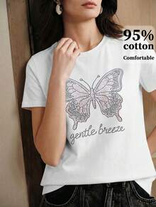Anewsta Camiseta feminina casual de manga curta com estampa de borboleta e letra em strass, perfeita para férias e deslocamentos diários. Confortável, minimalista e versátil. - Branco - Ver 3