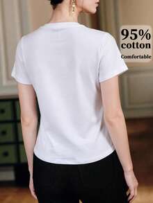 Anewsta Summer Casual Rhinestone Heart Graphic Round Neck Short Sleeve T-Shirt - White - View 2