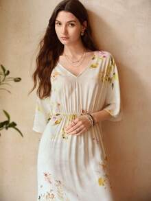 MOTF PREMIUM Đầm ngủ nữ bằng cotton in hoa, cổ chữ V, eo chun, thích hợp cho mùa xuân/hè. - Màu be - Xem 5