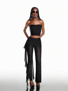 Airlisse Women's Fashion Pastal Bandeau Crop Top + Ruffle Trim Mesh Splice Casual Sexy Flare Leg Pants 2-Piece Set Golf Summer - Black - View 7