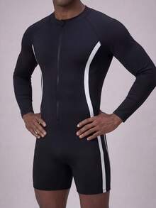 Manfinity VDAYZ Men's Raglan Sleeve Zipper Front Casual One-Piece Swimsuit Shorts - Black and White - View 6