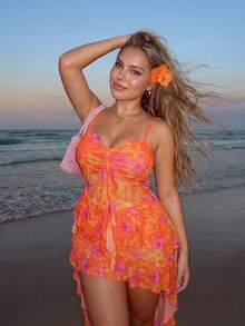 SHEIN ICON Plus Size Black V-Neck Ruffle Trim Short Front Long Back Slip Dress, Y2K Sexy Spaghetti Strap Ruffle Hem Dress - Orange - View 1