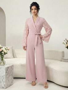 Modelyn Combinaison à manches longues avec taille cintrée, motif floral patchwork couleur unie, pour un port quotidien - Rose bonbon - Voir 7