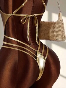 1pc Women's Sexy Backless Halter Monokini Swimsuit With Steel Rings, Suitable For Vacation And Daily Wear - Gold - View 6