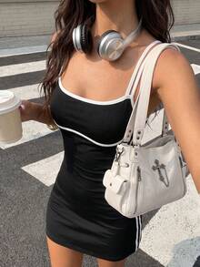 SHEIN Muchic 瑜伽和网球基本款露背女式运动连衣裙 - 黑與白 - 查看 5