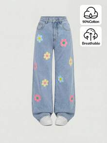 SHEIN Girlism 青少年女孩印花闊腿牛仔褲 - 淺色水洗藍 - 查看 1
