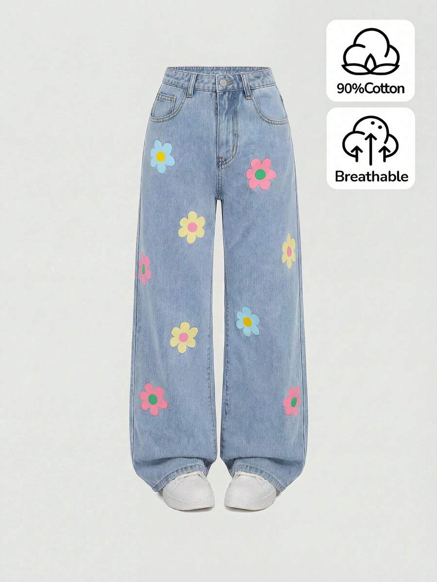 SHEIN Girlism 青少年女孩印花闊腿牛仔褲 - 淺色水洗藍 - 查看 1