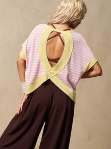VARSIVA Summer Top, Women's Pink Striped Backless Short Sleeve Sports Casual T-Shirt Pilates Sommer, Summer Top T Shirt, Yoga, Gym, Casual, Vacation, Sports - Multicolor - View 5