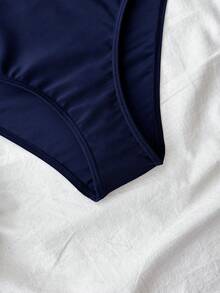 Teen Girls Navy Blue Casual Fashion U-Neck Hollow-Out One-Piece Swimsuit, Minimalist Stylish Design, Suitable For Swimming And Beach Wear - Navy Blue - View 3