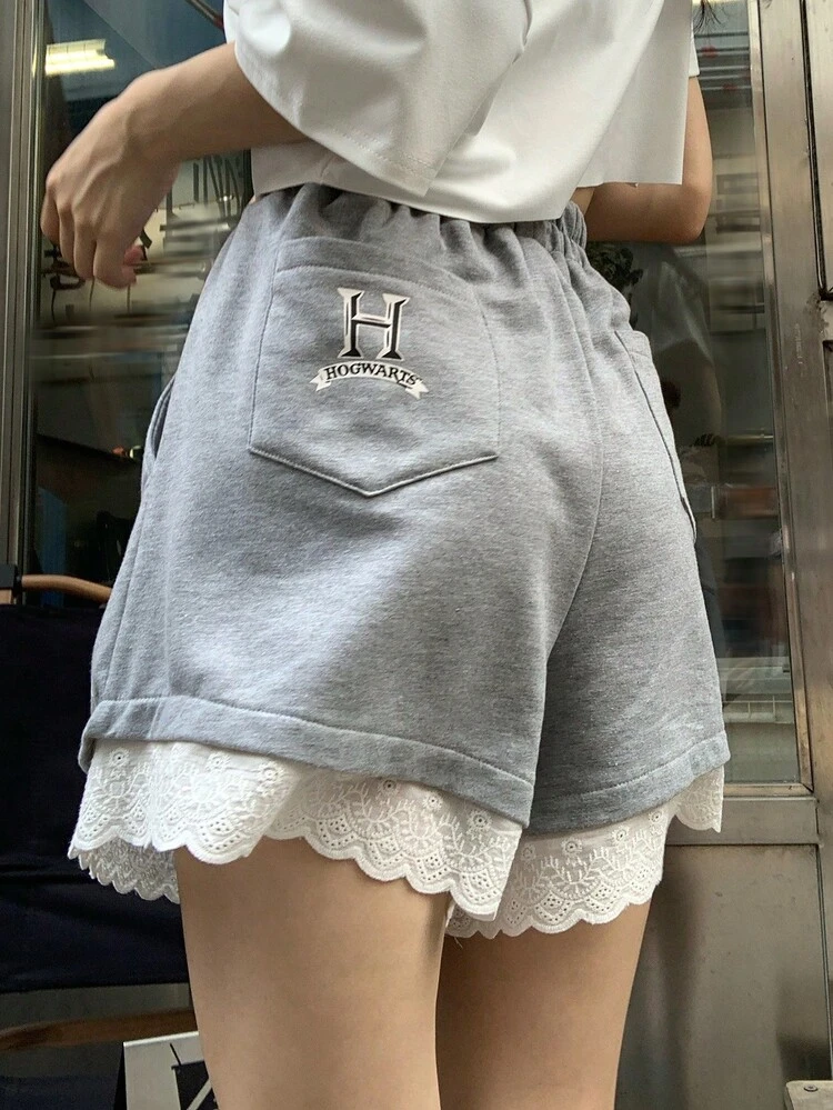 Lace Patchwork Loose Letter Print Women's Shorts