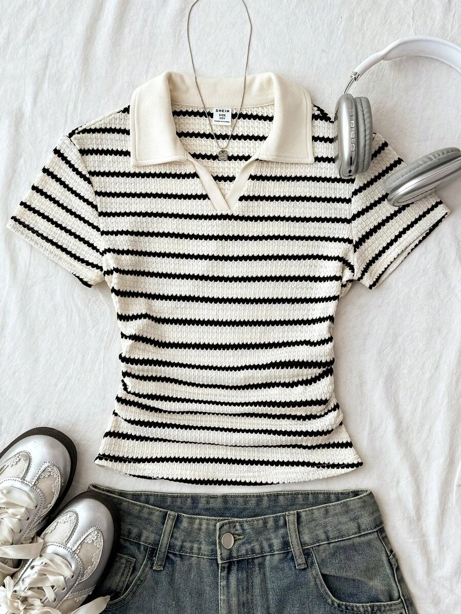 SHEIN Tween Girls' Navy Blue & White Collar Knit Casual Colorblock Fitted Waist T-Shirt Shirts Cute Clothes For Girls Cute Cool Girl Clothes Summer Outfits Casual Summer Outfit Ideas - Navy Blue - View 1