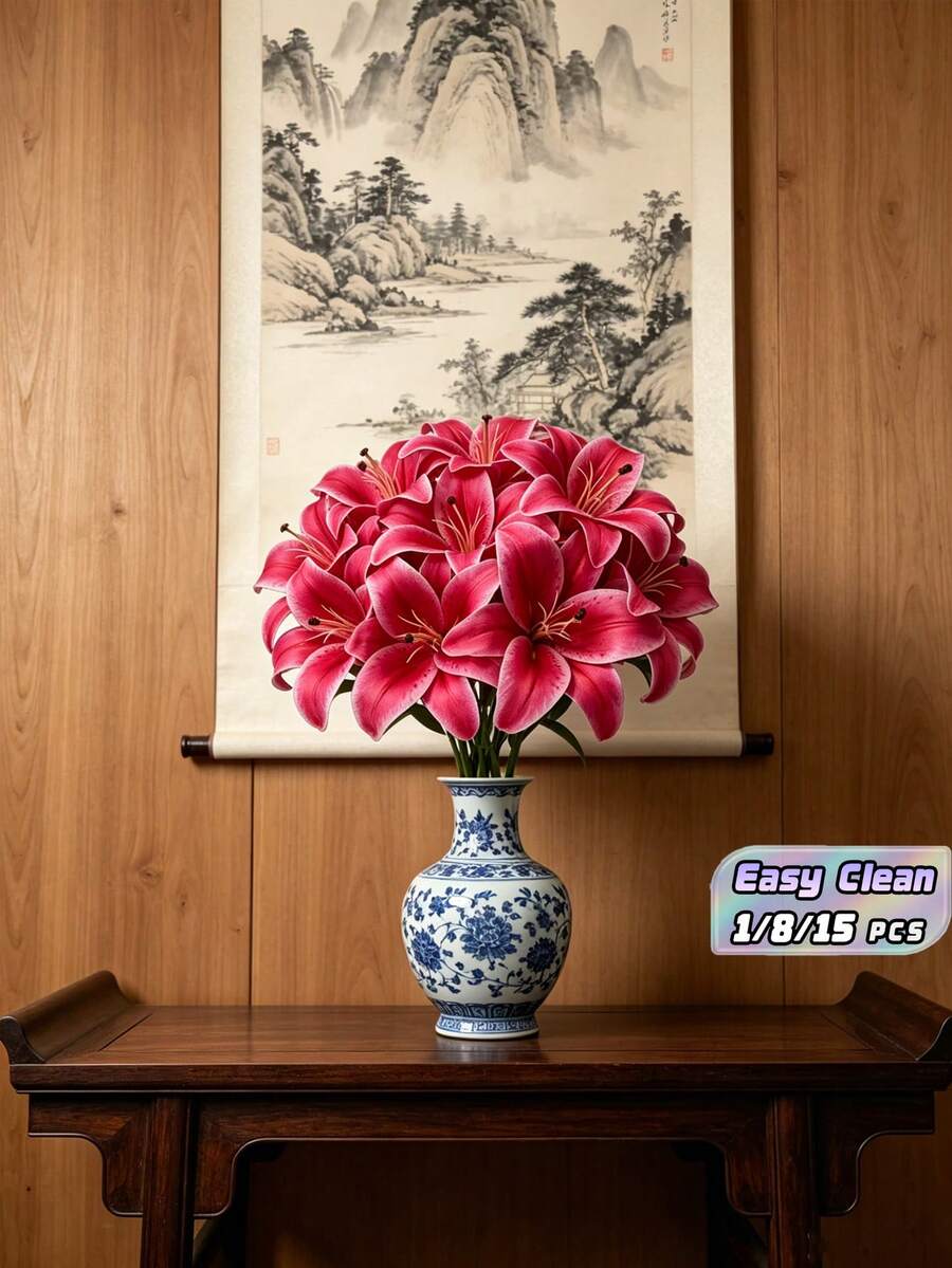 1/8/15/Pink Artificial Lily, Simulation Flower Decoration Suitable For Home Decoration, Bouquets, Wedding Bride Gifts, Birthday Party Supplies, Desktop Decoration, Courtyard Decoration, Wedding Decoration, Hand-Held Flowers, Fake Flowers, Back To School Decoration - Hot Pink - View 1