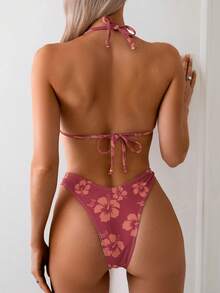 SHEIN Swim Vcay Women's Summer Beach Floral Printed Halter Neck Tie Sexy Bikini Set - Multicolor - View 2