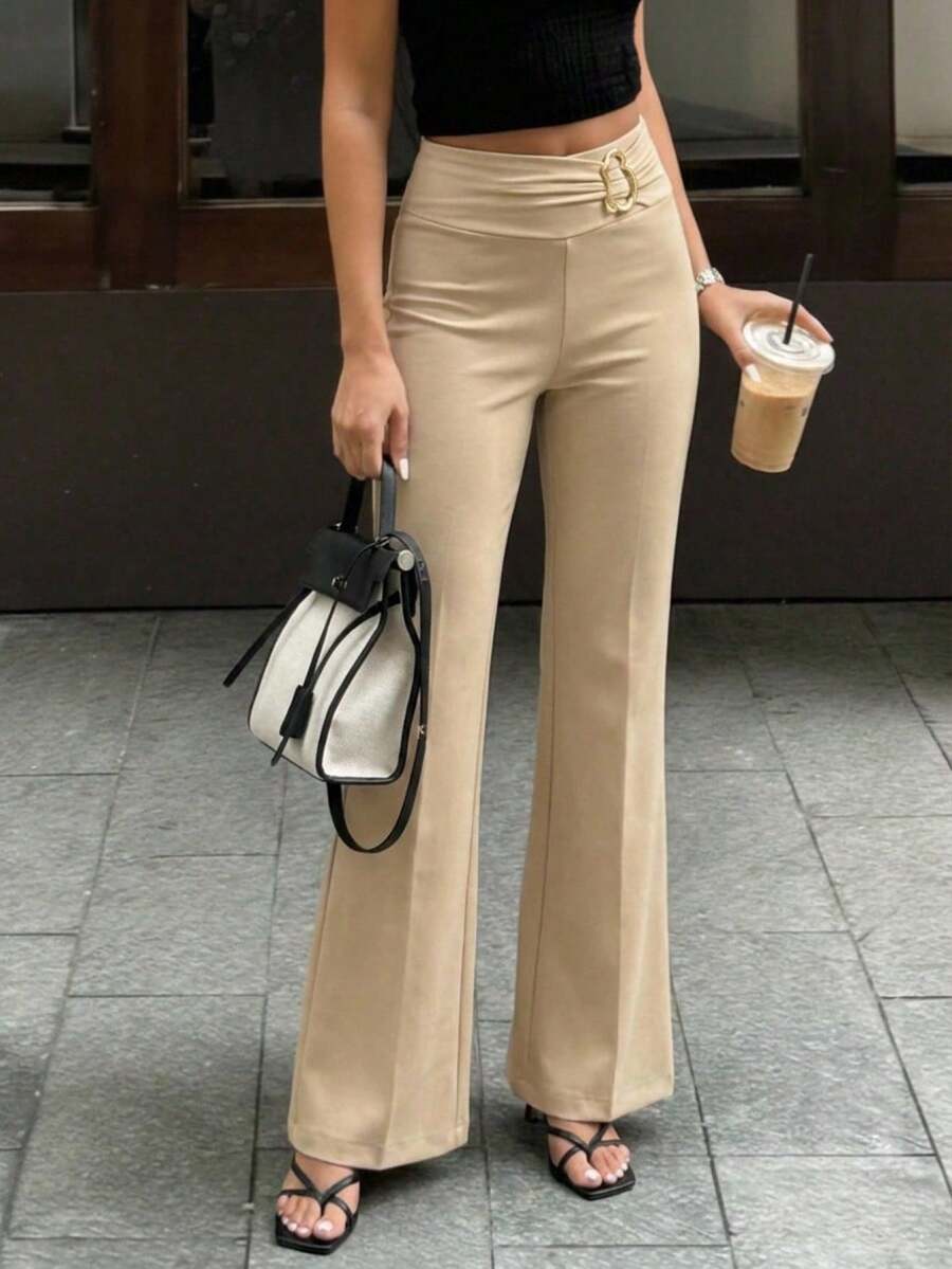 SHEIN 女士休闲纯色金属扣装饰修身性感打底裤，适合日常穿着、时尚搭配、通勤、春秋季节穿着。 - 杏色 - 查看 1