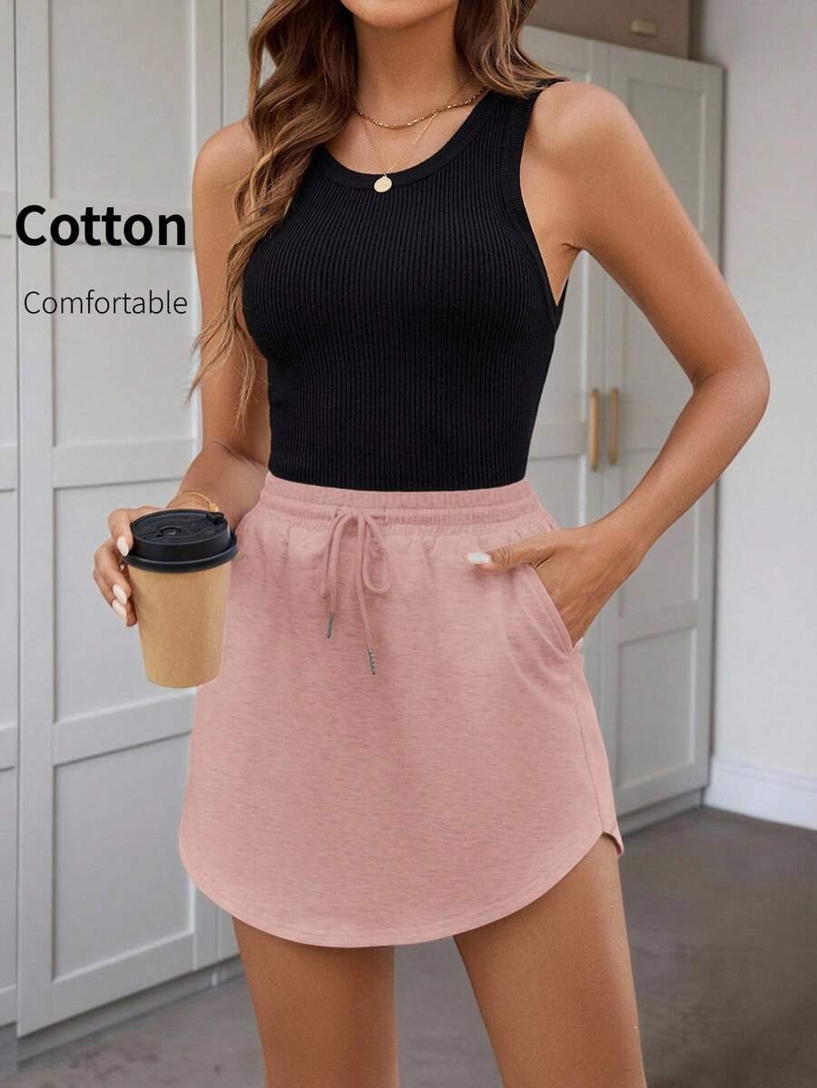 Women's Summer Drawstring Elastic Waist Pocketed Lined Casual Vacation Comfy Sweatshirt Style Skirt - Pink - View 1