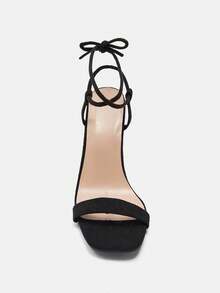 Giày sandal cao gót màu đen dành cho nữ, kiểu dáng thanh lịch mùa hè, chất liệu giả da lộn, hở mũi, gót chunky. - màu đen - Xem 7