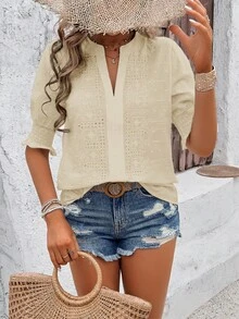 EMERY ROSE Blusa de mujer con escote en V bordada y manga corta - Albaricoque - Ver 4