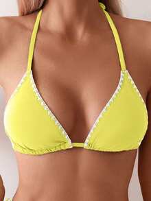 Swim Basics 女士夏季沙滩度假撞色鲨鱼齿露背系带比基尼套装 - 黃色 - 查看 3
