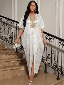 SHEIN Lady Đầm nữ phối ren nhiều màu, cổ khoét sâu, xẻ tà cao, tay ngắn thanh lịch. - Nhiều màu - Xem 6