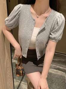 Áo thun nữ tay cánh hoa dáng rộng cổ tròn - Màu Xám nhạt - Xem 6