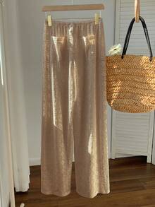 Comfortcana Women's Hollow Out Drawstring Waist Loose Wide Leg Pants, Suitable For Vacation And Beach, Khaki - Khaki - View 2