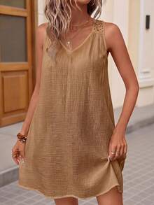 Brillora Đầm tank top đen khoét rỗng phong cách Boho mùa hè - màu nâu - Xem 2