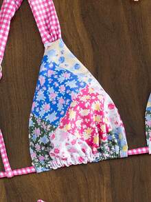 SHEIN Swim Mod New Arrival Spring/Summer Floral Patchwork Triangle Cup Bikini Two Pieces Swimsuit, Countryside Style Girl Vibe, Beach Holiday - Multicolor - View 3