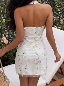 Sunnyshic Women's Spring/Summer Vacation Style Mesh Fabric 3D Floral Fitted Unique Design Halter Romantic Floral Beach Dress - Multicolor - View 2