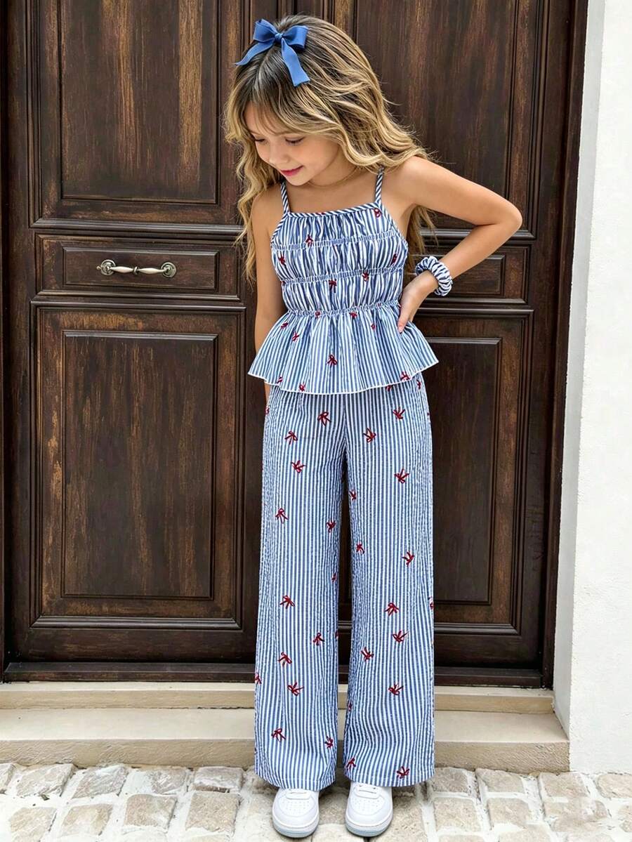 SHEIN Girls Striped Bow Camisole Top And Straight Leg Pants Summer Vacation Outfit - Blue - View 1