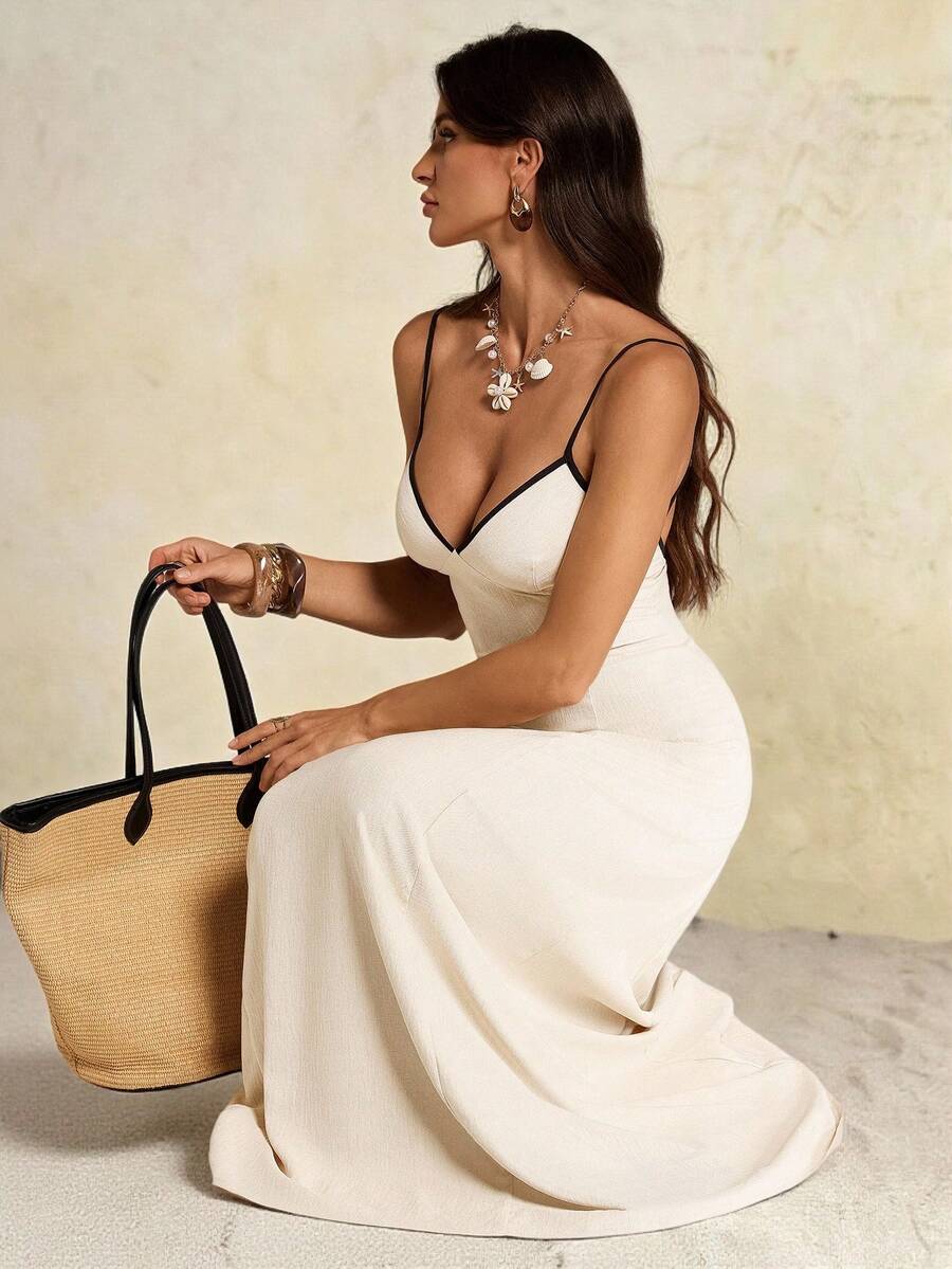 SHEIN Tall فستان نسائي بدون ظهر برباط وحمالات رفيعة بطول منتصف الساق للعطلات، فستان صيفي أنيق للمساء والشاطئ والمنتجع، فساتين صيفية للنساء، فساتين للنساء صيفية، للنساء الطويلات - بيج - مشاهدة 1