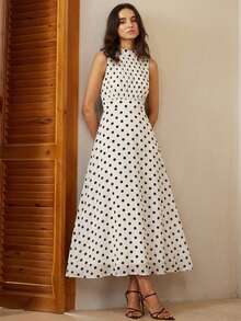 Aveloria Rosie Đầm không tay bằng vải chiffon phối màu chấm bi thanh lịch, thiết kế xếp ly phía trước, thắt eo, phù hợp cho mặc hàng ngày và đi nghỉ mát. - trắng - Xem 5