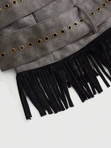 ROMWE Grunge Punk Trang phục dự lễ hội âm nhạc miền Tây phong cách retro cá tính, thiết kế tua rua, chất liệu PU sần sùi, cạp siêu thấp. - Xám - Xem 4