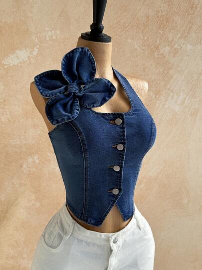 Soleia Women's 3D Floral Decor Single-Breasted Halter Neck Denim Top